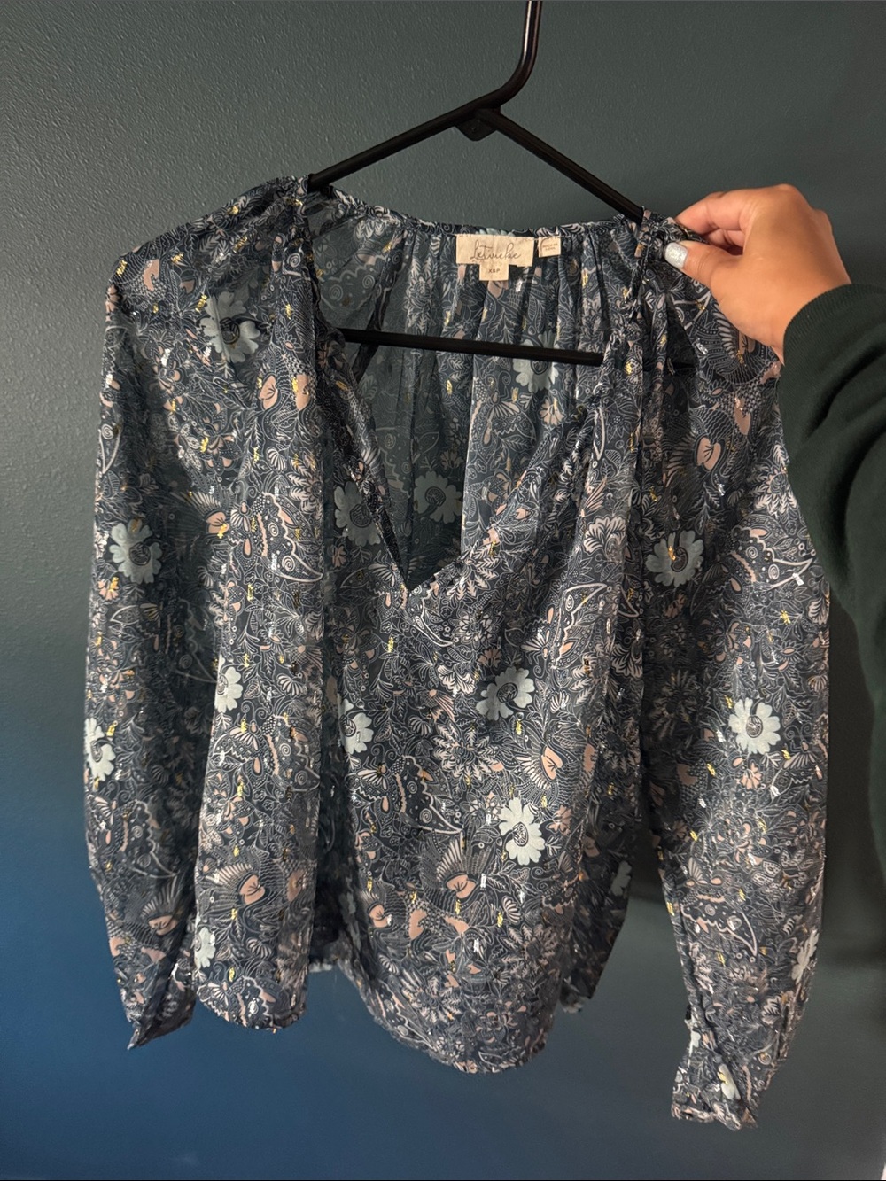 Anthropologie Brand Navy Floral V-Neck Long-Sleeve Sheer Blouse